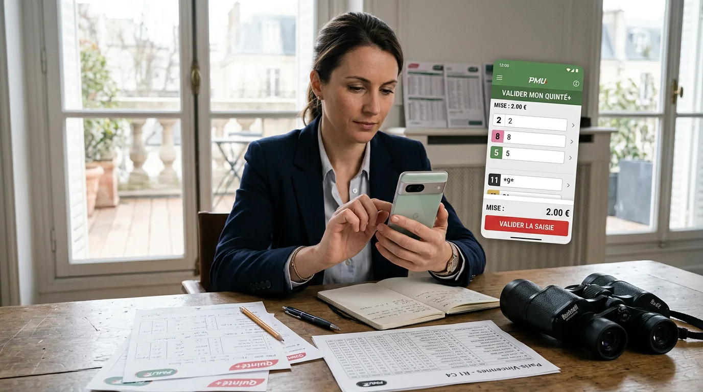 Validation du Quinté+ en ligne sur l'application PMU, parieur saisissant ses cinq chevaux sur smartphone
